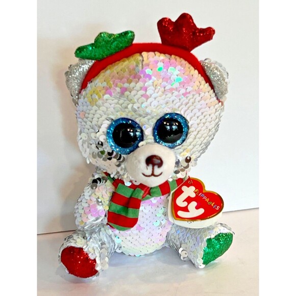 TY Christmas Flippables Sequin 6" MISTLETOE the Bear Beanie Baby Plush Toy NEW - Picture 1 of 4